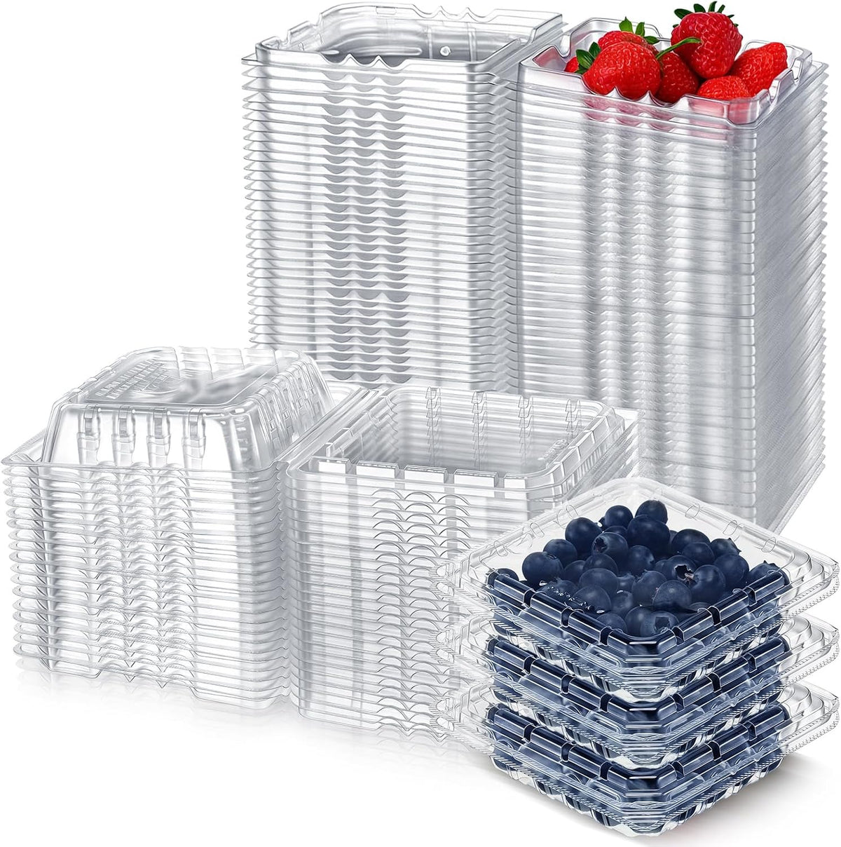 60 Pcs Plastic Berry Basket with Clamshell Lids