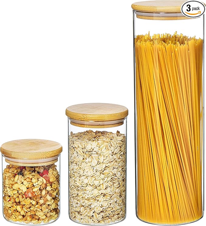 Vtopmart Glass Food Storage Jars, 3 Pack Kitchen Containers with Airtight Bamboo Wooden Lids for Pasta, Cookies, Nuts, Coffee Beans, Cereal, Canisters Set for Flour, Pantry Organization, BPA Free