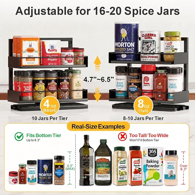 iSPECLE Pull Out Spice Rack - 2 Pack Rotate Peel and Stick No-Drill Vertical Spice Rack Organizer for Cabinet Easy Access Spices, Adjust Height for 4oz to 8oz Spice Jars Inside Kitchen Pantry Cabinet