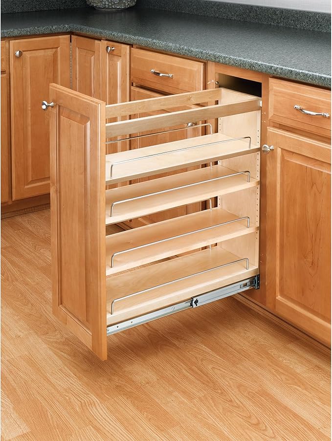 Rev-A-Shelf Maple Pullout Organizer for Full Height Base Cabinets, Full Extension Slides & Adjustable Shelves, Min Opening Width of 5.5", 448-BC-5C