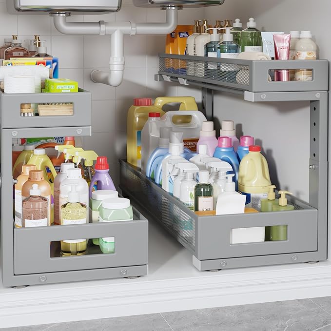 2 Pack 20.47IN Depth Under Sink Storage Organizer, Large 2-Tier Elegant Mesh Pull Out Shelf for Kitchen and Bathroom Cabinet Organization