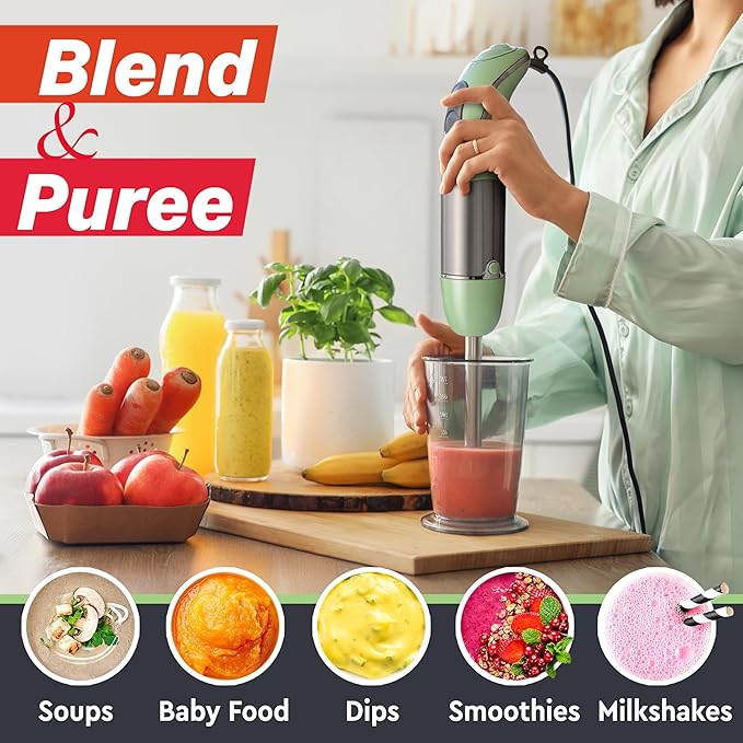 Mueller Multistick 800W 4-in-1 Immersion Blender Handheld, 12 Speed Hand Mixer - Turbo Boost, Heaviest Duty Copper Motor, Titanium Blades Hand Blender, Milk Frother Wand, Whisk, Beaker, Chopper, Green
