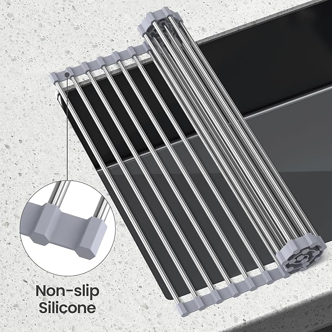 Roll Up Over Dish Rack 17.7”Lx15.5”W, Kitchen Drainer Rack, Gray