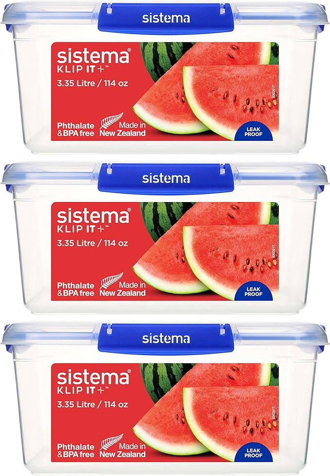 Sistema KLIP IT+ 3.35L Rectangle Food Storage Containers (3-Pack), Stackable & Airtight Food Boxes with Lids, Dishwasher, Freezer, & Microwave-Safe, BPA-Free, School Lunch Boxes