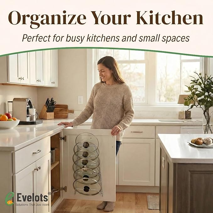 Evelots 6-Tier Pot Lid Organizer for Cabinet Door or Pantry Wall - Pots and Pans Lid Holder Rack - Glass or Metal Pan Covers Cabinet Organizer Kitchen Storage - Chrome Finished