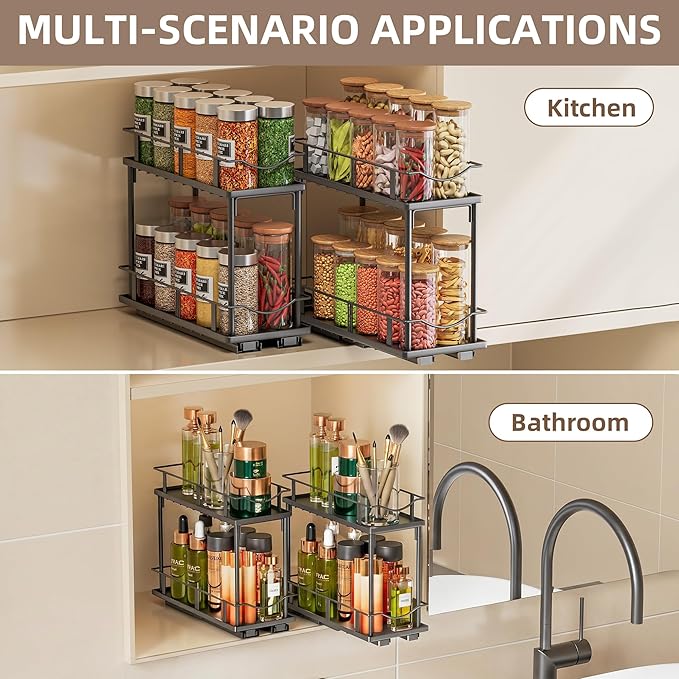2 Packs Pull Out Spice Rack Organizer for Cabinet, 2-Tier Slide Out Seasoning Organizer, Narrow Cabinet Spice Rack, 10.7" Dx4.8 Wx8.85 H, Full Extension Ball Bearing Glides, Kitchen Pantry Organizer