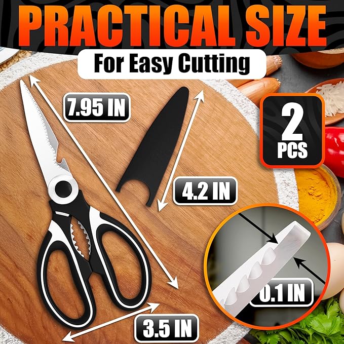 2 Pcs Heavy Duty Kitchen Scissors for Food – 5-in-1 Stainless Steel Kitchen Shears with Bottle Opener, Non-Slip Handles & Protective Cover – Utility Scissors for Cutting Meat, Poultry & Vegetables