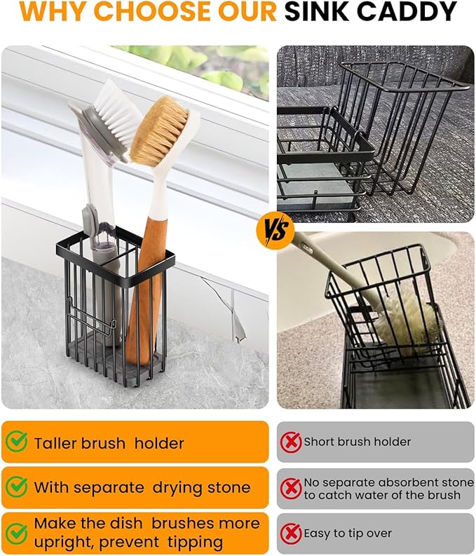Kitchen Sink Caddy with Water Absorbent Diatomite Stone Sink Tray, Fast Drying Sink Organizer with High Dish Brush Holder Sponge Holder for Kitchen Sink, Stainless Steel