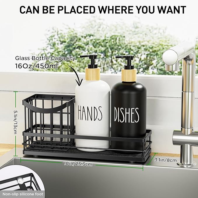 Moforoco Kitchen Dish Soap Dispenser Set, 16OZ Glass Bottle, Hand and Dish Soap Dispenser Set, Instant Dry Tray, Brush Holder with Smiley Face Sponge Holder (Universal Black Tray+Black&White Bottle)