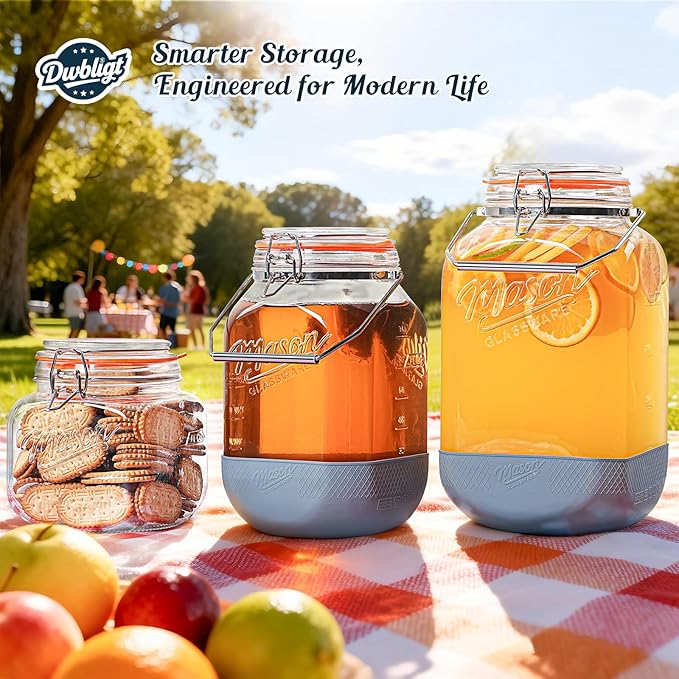 [NEW] 2 Pack Square 1.5 Gallon Glass Jar with Hinged Airtight Lid, Large Mason Jars Wide Mouth with Handle, Glass Storage Containers with Non-slip Base for Pantry, Laundry Room, Flour, Rice, Dog Treat