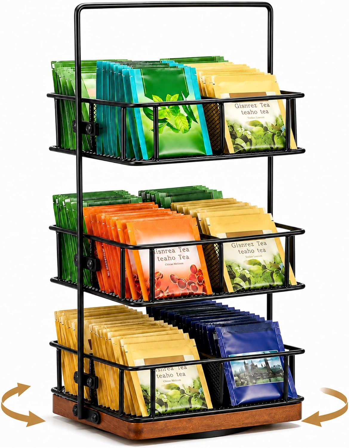 3 Tier Rotating Tea Bag Organizer Iron & Acacia Wood 360°Spinning Carousel