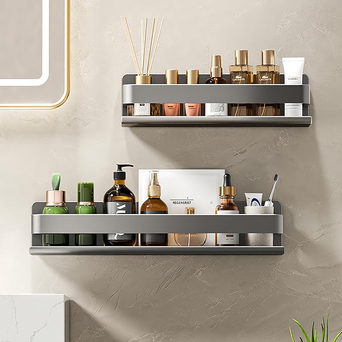 Adhesive Wall Mount Spice Rack Carbon Steel, No-Drill Dark Gray Wall Spice Racks for Kitchen, Multi-Purpose Spice Storage Organizer, Kitchen Bathroom Storage Shelf for Countertop Cabinet