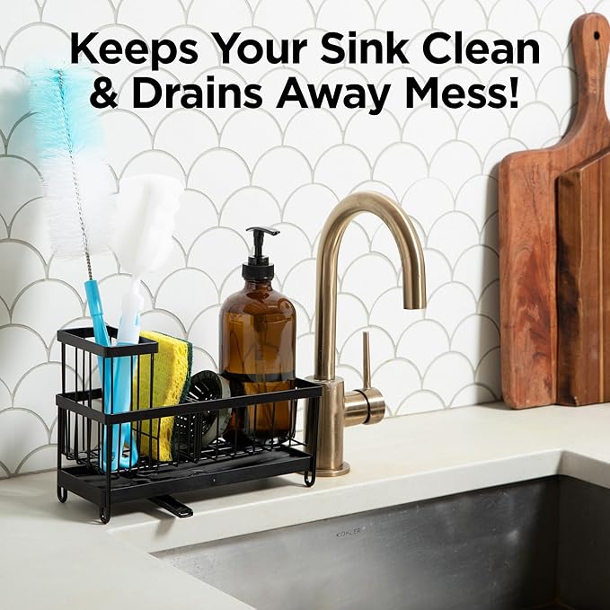 Sink Caddy & Organizer | Premium Rust-Proof Carbon Steel Sponge Holder with 360° Rotating Drainage Spout | Keeps Countertop Dry & Organized (Black)