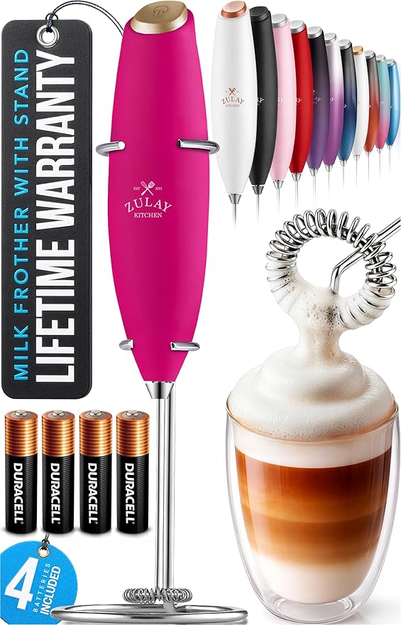 Zulay Kitchen Powerful Milk Frother Wand With Duracell Batteries - Ultra Fast Handheld Drink Mixer - Electric Whisk Foam Maker for Coffee, Lattes, Cappuccino & Matcha - Z1 Motor - Hot Pink Gold