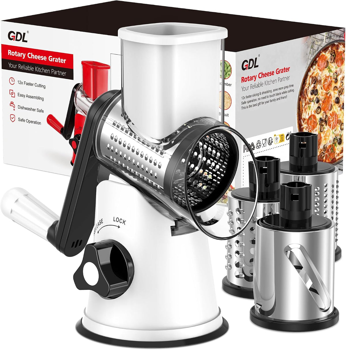 Cheese Grater Rotary, Rotary Grater for Kitchen, Kitchen Grater Vegetable Slicer with 3 Drum Blades, Fast Cutting Cheese Shredder for Vegetables and Nuts