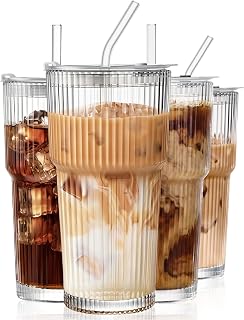 20 oz with Lids and Straws Ribbed Glass Cup Set of 4