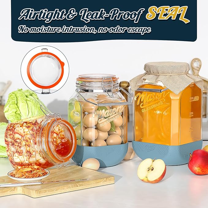 [NEW] 2 Pack Square 1.5 Gallon Glass Jar with Hinged Airtight Lid, Large Mason Jars Wide Mouth with Handle, Glass Storage Containers with Non-slip Base for Pantry, Laundry Room, Flour, Rice, Dog Treat