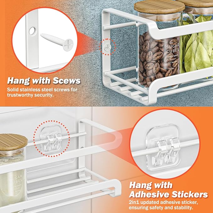 Bunoxea Spice Rack wall mounted 2 Pack, Space-Saving Spice Organizer for Spice Jars and Seasonings,Screw or Adhesive Hanging Spice Rack Organizer for Your Kitchen Cabinet,or Pantry Door,White