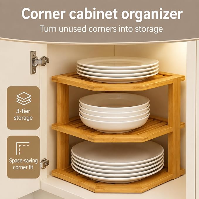 Bambüsi Plate Organizer for Cabinet - 3 Tier Bamboo Corner Shelf Cabinet Organizer for Plates Bowls Mugs Cups, Kitchen Organization, Space Saving Countertop Shelf, Small Spaces, 10 x 10 x 9.5 Inch