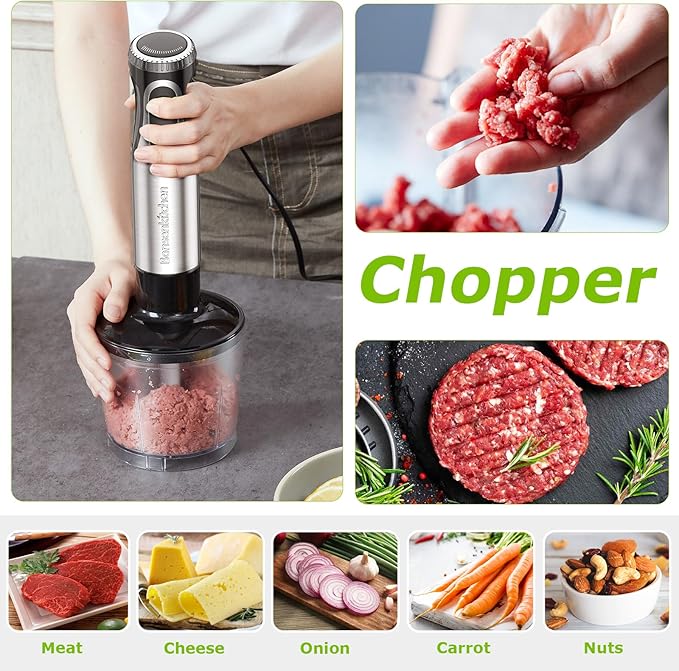 Bonsenkitchen Immersion Blender Handheld with Food Processor, 20 Speeds Hand Blender with Turbo Mode, Stainless Steel Blade, Egg Whisk, Beaker & Chopper Bowl, Hand Mixer for Smoothie, Soup, Baby Food