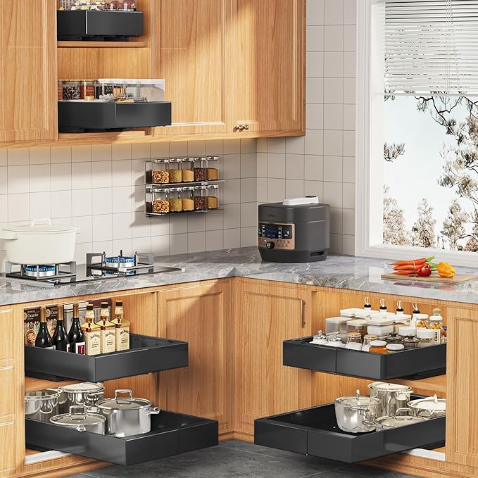 Seinloes 4 Pack Expandable Width (9"-14.1") Pull Out Cabinet Organizer 21" Deep with Raising Pad for Framed Cabinets, Upgrade 3 Slide Rails Slide Out Drawers, Roll Out Shelves Adhesive, Black