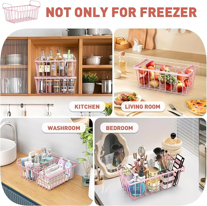 Goovilla Freezer Organizer Bins with Foldable Handle, 8 Pack Stackable Freezer Baskets for 3.5-7 Cu.FT Deep Chest Freezer Organization, Pink Metal Freezer Storage Bins with Better Space Utilization