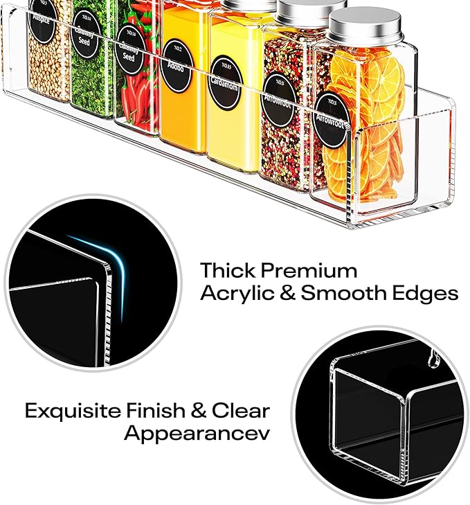 Wall Mounted Acrylic Spice Rack 4 Pack, 12 Inch Clear Pantry Door Organizer, Floating Spice Organizer, Adhesive or Screw Mounted Cabinet Seasoning Shelf