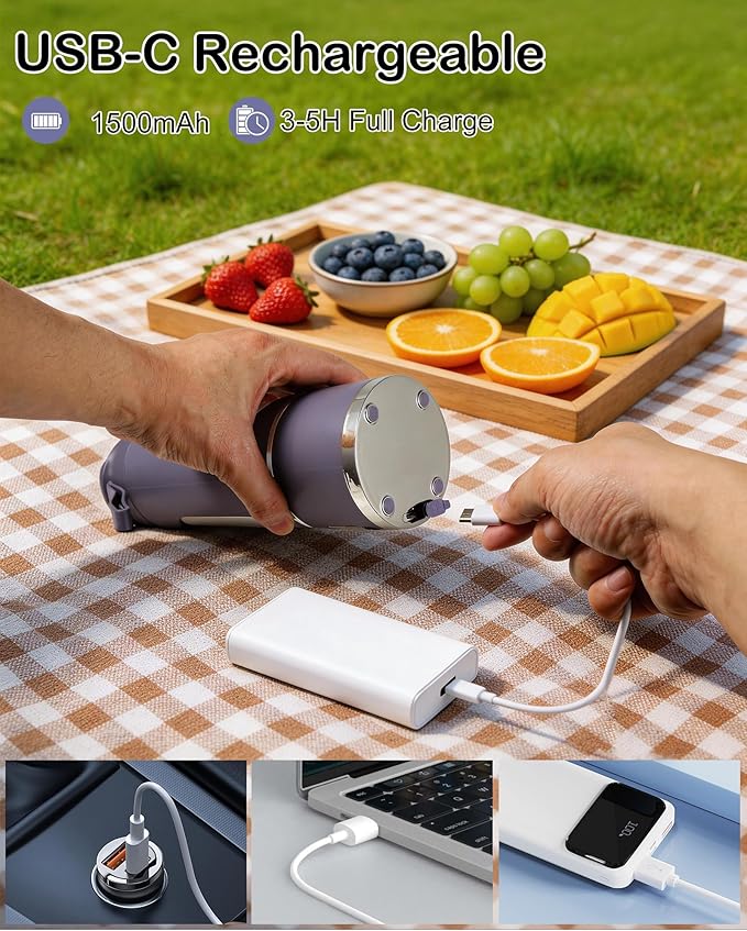 Easywave Portable Blender, Personal Electric USB, 500ml, Purple, Stainless Steel Blade, Battery Powered, 50W, Mini Blender for Blending