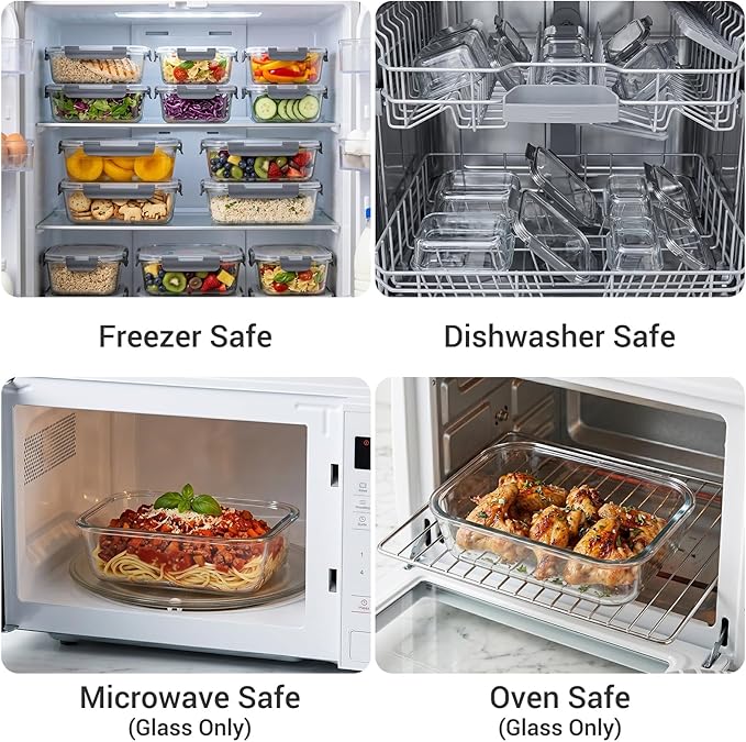 Dealusy 10 Sets (20-Piece) Glass Meal Prep Containers with Lids, Five 36 oz & Five 12 oz Airtight Leak-proof Glass Food Storage Containers with lids, Microwave Oven Freezer Dishwasher Safe, Gray