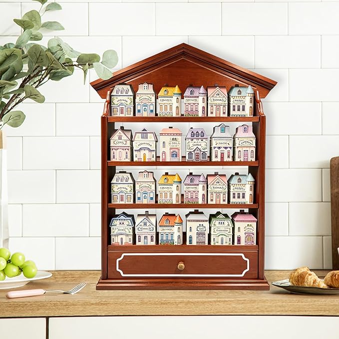 Vintage Wooden Spice Rack with Drawer and 4 Shelves, Wall Mounted Spice Village Display Shelf for Kitchen Storage, Holds 24 Jars, 22 x 17 x 4 Inches, Rack Only