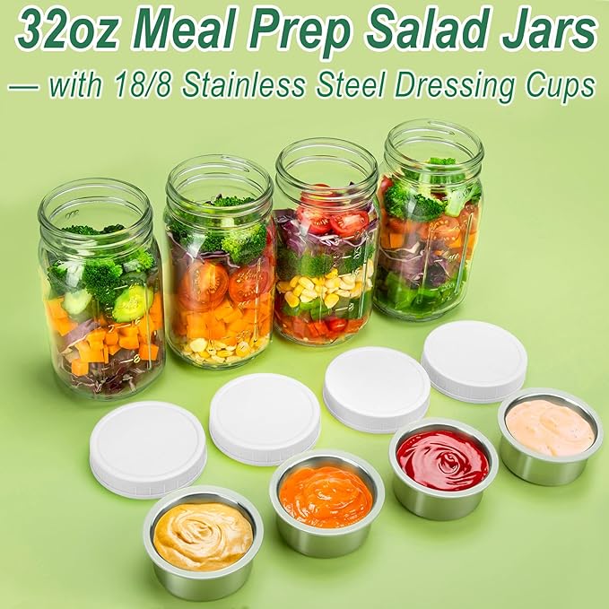 KTKUDY 2 Pack 32 oz Glass Salad Jars with Dressing Cups (Pod) - Meal Prep Salad Container for Lunch - Leakproof Mason Jars with Lids