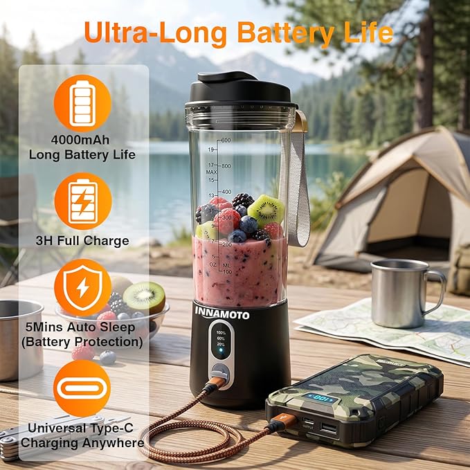 Portable Personal Size Blender for Smoothies - Cordless Mini Blender With Powerful Blending, 20oz BPA-Free Juice Cup With Leak-proof Travel Lid, Type-C Rechargeable, Freshly Squeezed in Gym/Picnic