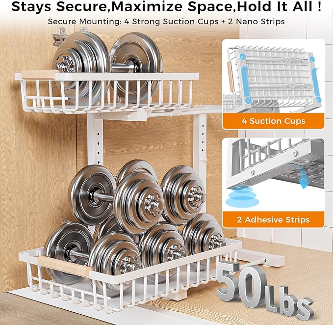 Under Sink Organizer,2 Pack Under Kitchen Sink Organizer,2 Tier Sliding-Out,5 Level Height Adjustable,Thickened Carbon Steel,Anti-Rust Treatment,for Kitchen Bathroom Black