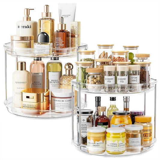 2 Pack 2 Tier Lazy Susan Turntable Organizer 10.6'' Rotating Spice Rack, Clear