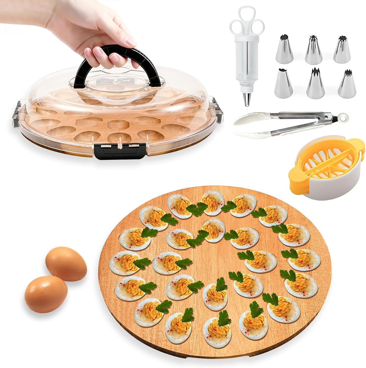 Deviled Egg Containers with Lid, Deviled Egg Platter with 24 Slots, Wooden Devil Eggs Tray, Portable Devil Eggs Holder Organizer with Injector Piping, Slicer, Clip, for Easter, Party, Picnic