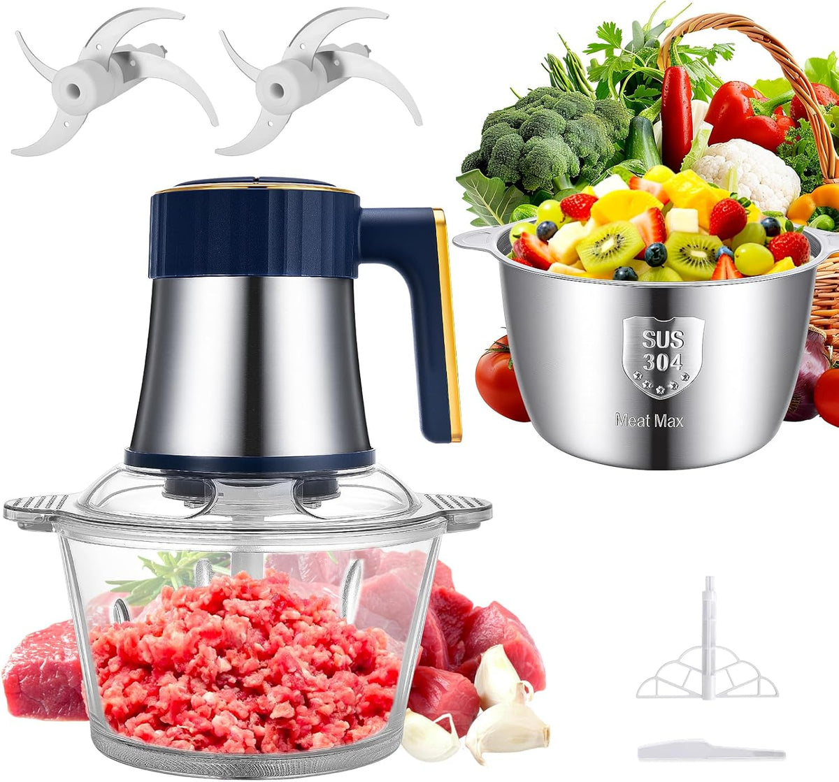 Small Food Processor, Electric Meat Grinder & Vegetable Chopper with 2 Bowls (8 Cup Stainless Steel + 8 Cup Glass) 5-Speed 400W Motor and 2 Sets Blades, Food Chopper for Kitchen Appliances