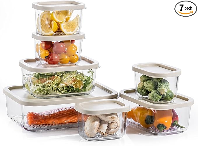 KEMETHY 7 Pack Glass Food Storage Containers with Lids,Stackable BPA Free Glass Meal Prep Containers,Glass Lunch Containers with Lids for Kitchen Storage and Organization- Baking, Microwave, Oven