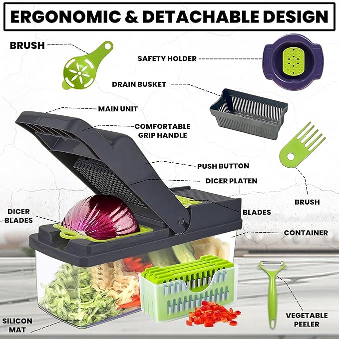 Vegetable Chopper 15 in 1- Multifunctional Food Chopper with 7 Blades- Mandoline Slicer, Dicer, Cutter, Peeler & Grater for Onion, Potato, Salad, Carrot, Garlic with Drain Basket & Container