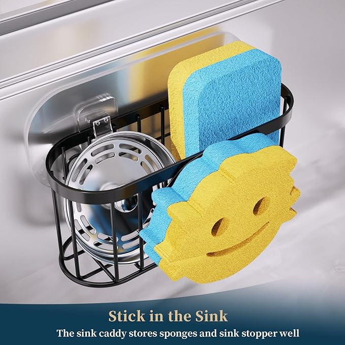 Consumest Sponge Holder Smiley Face - Kitchen Sink Caddy, Sink Organizer with Removable Suction Cups & Adhesive Strips, Suit for Sponge, Soap, Black
