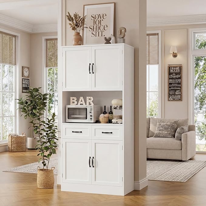 HOSTACK 71“ Tall Kitchen Pantry Storage Cabinet, Modern Kitchen Hutch Bar Cabinet with Microwave Stand, Wood Buffet Sideboard with Hutch, Cupboard with Drawers, Shelves for Dining Room, White