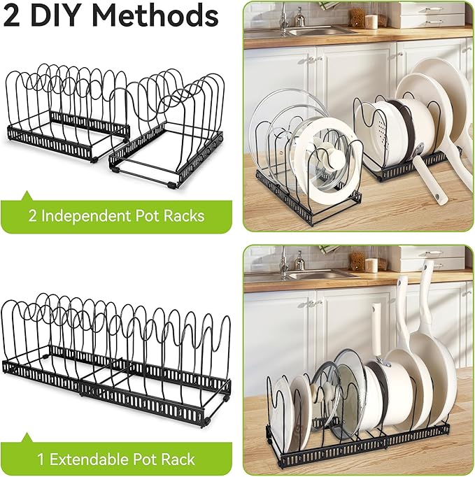 Fyvva Pots and Pans Organizer under Cabinet, Expandable 11.81''-22.83'' Pot and Pan Organizer, Pot Lid Organizer with 14 Adjustable Dividers for Lids, Baking Trays, Skillets (Black, 14 Dividers-A)