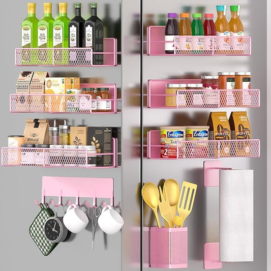 Magnetic Spice Rack for Refrigerator, 10 Pack Metal Magnetic Shelf, Moveable Spice Organizer with Hook Rack, Paper Towel Holder, Kitchenware Holder
