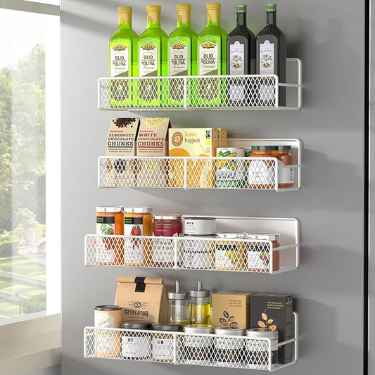 DTUQYX Magnetic Spice Rack for Refrigerator, 4 Pack 100% Metal Strong Magnet Fridge Shelves, Space Saving Spice Organizer