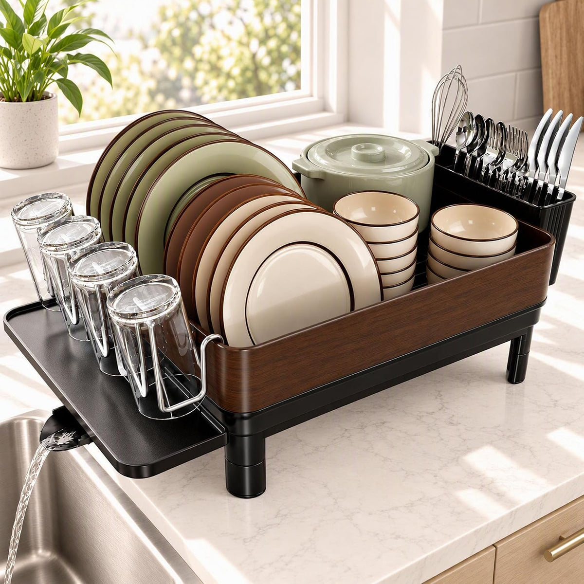 Dish Drying Rack Kitchen Counter — Walnut Look Stainless Steel, 16.6"x12.5"
