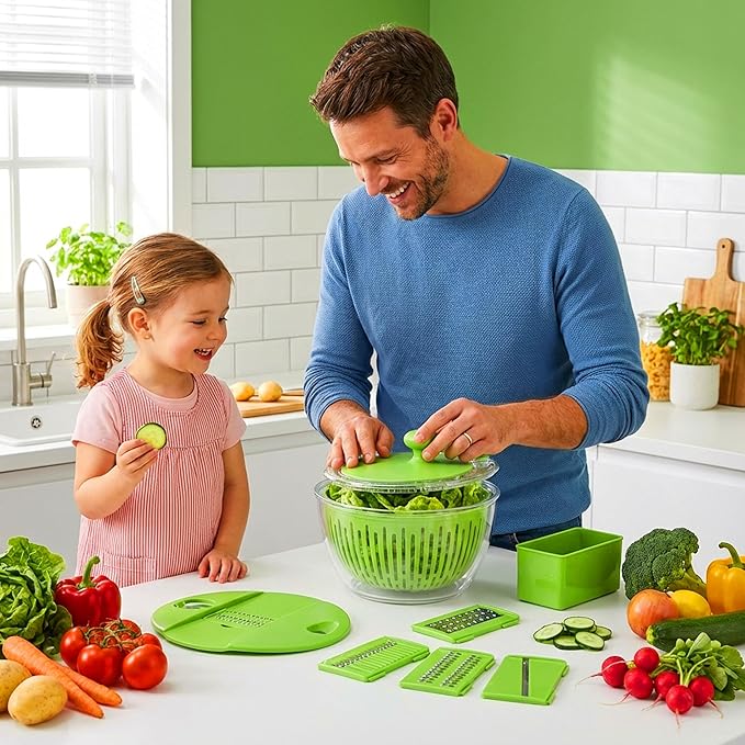 5-in-1 Salad Spinner Large with Lid Vegetable Washer and Dryer Fruit Cleaner Vegetable Chopper & Slicer with 5 Blades, 5 Qt Lettuce Spinner Strainer Shredder Bowl Egg Yolk Separator for Easy Meal Prep