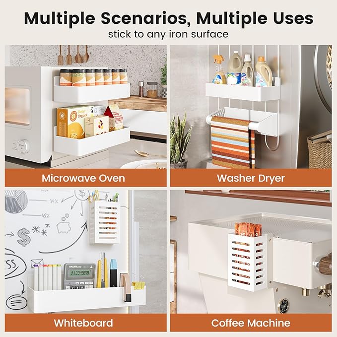 Magnetic Spice Rack for Refrigerator,6 Pack Magnetic Shelf,Fridge Magnet Organizer with Paper Towel Holder,Utensils Racks,Hook Rack,Deepened Basket,Fridge Organizers and Storage White(6 Pack)