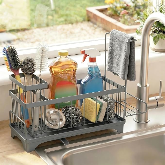 Sponge Holder for Kitchen Sink, Sink Caddy Organizer with Detachable Cloth & Brush Holder, Self-Draining Sponge Caddy Organizer with 360° Rotatable Spout, Kitchen Countertop Storage Accessories(Gray)