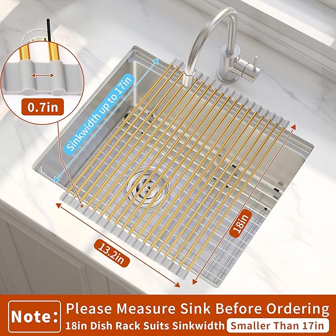 Golden Roll-UP Dish Drying Rack-Large Stainless Steel Dish Drainer Over The Sink for Kitchen Countertop, Applicable for Sink Width Less Than 16.5in (Gold,17.8'x 13.2')