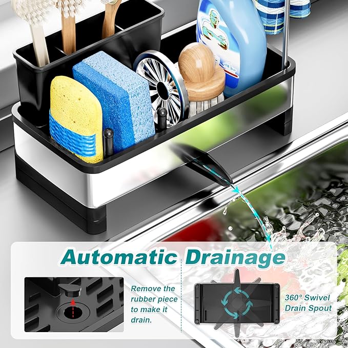 Ewaiira Stainless Steel Sink Caddy, Sponge Holder for Kitchen Sink with Brush Holder and Towel Rack, Sink Organizer for Countertop, Soap Dispenser Kitchen Organizers Storage Essentials (A-Black)