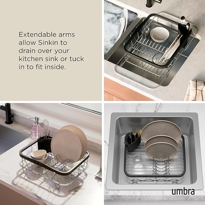 Umbra Sinkin Dish Drying Rack – Drainer with Cup Holders and Removable Cutlery Caddy – Use Over Sink, in Sink, or On Counter, Deluxe, Black/Nickel